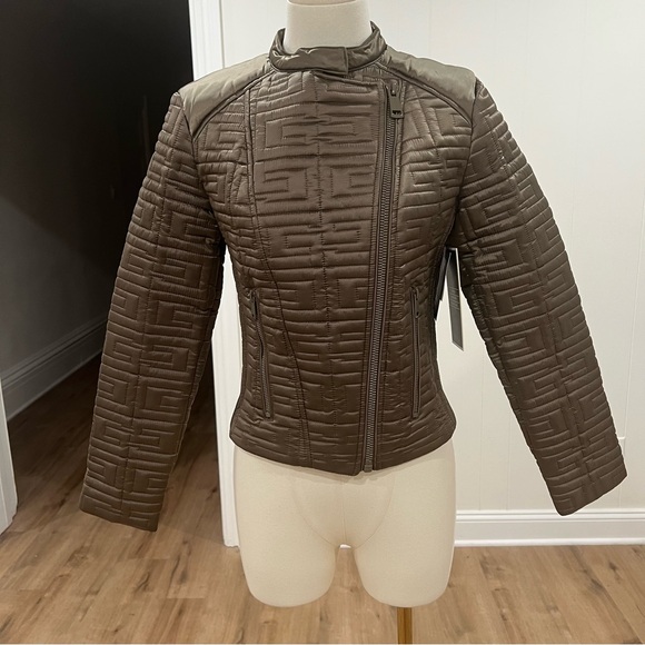 GUESS Quilted Metallic Satin Moto Jacket Desert Green Cropped XS - Picture 4 of 17